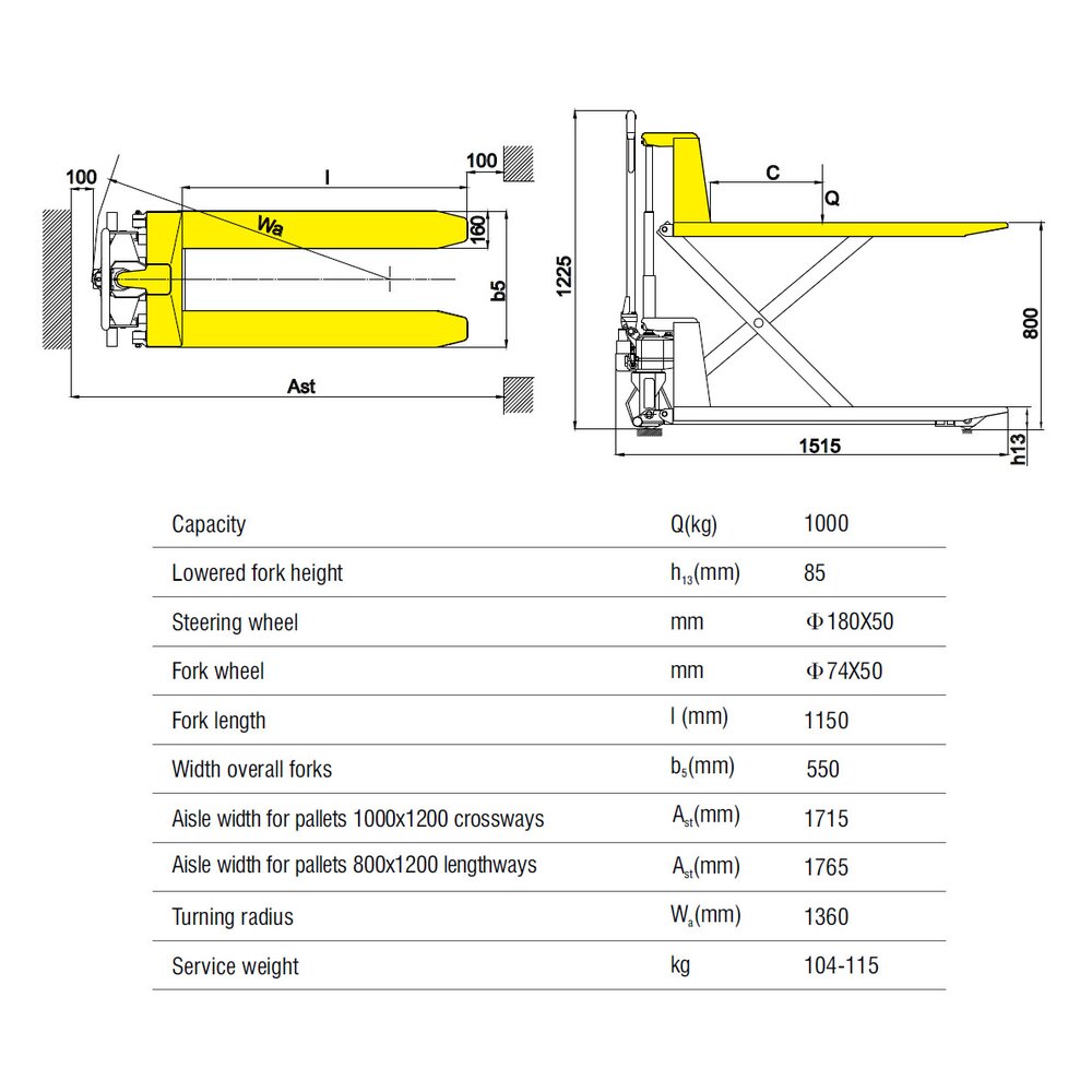 High lift pallet truck 1000 kg