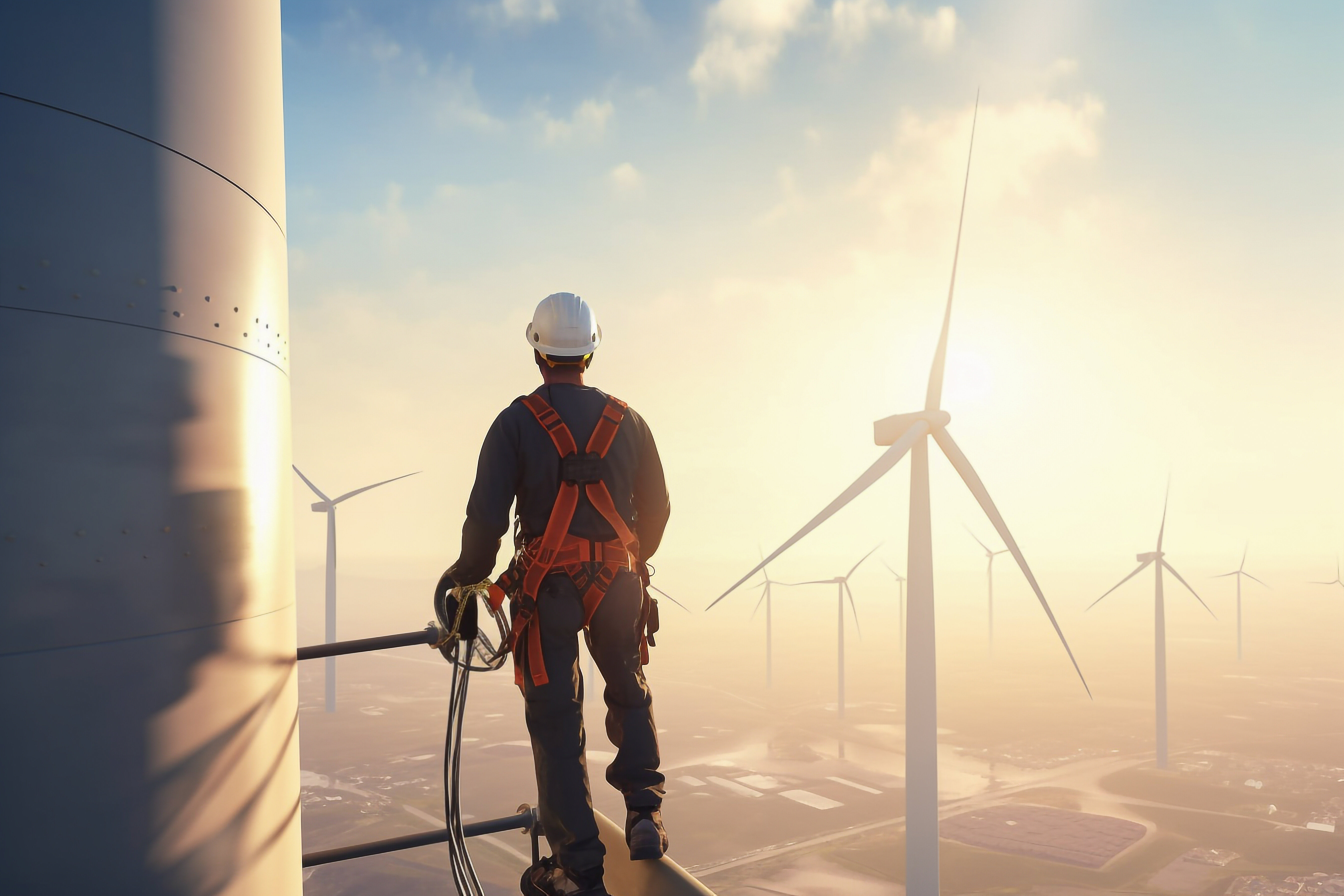 Servicetechniker Windkraftanlage Sonnenuntergang